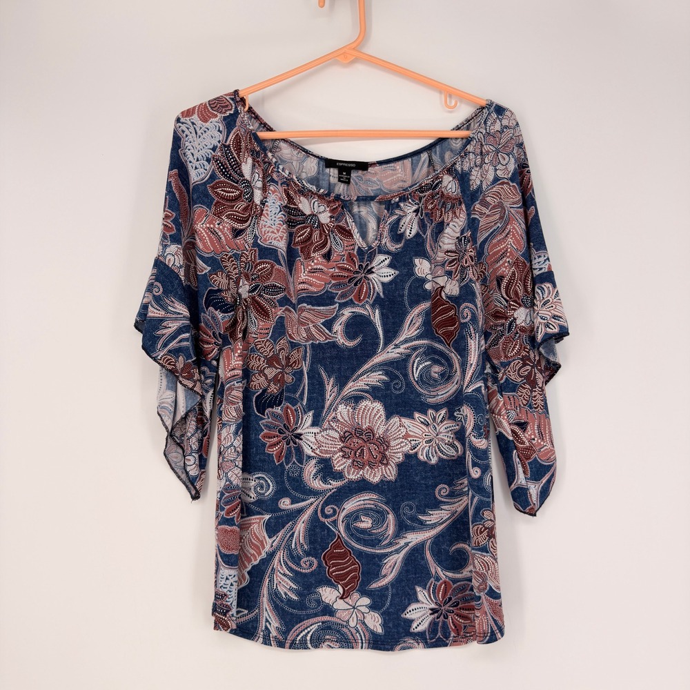 Espresso Blouse Womens Medium Blue Paisley Floral Butterfly Sleeve Boho Western